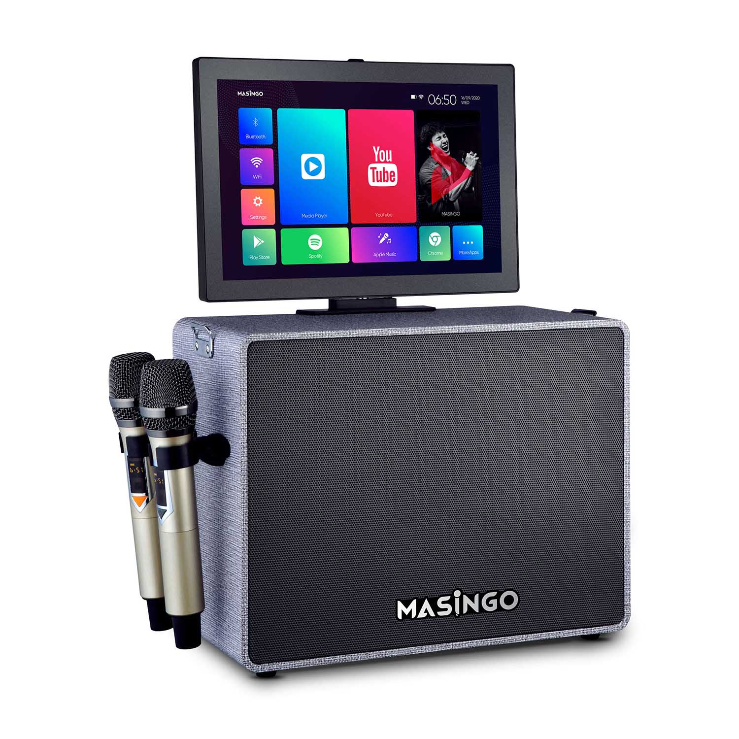 MASINGO 2023 Professional Karaoke Machine with Lyrics Display Screen + 2  UHF Wireless Microphones - Bluetooth Portable PA Speaker System with  Built-in